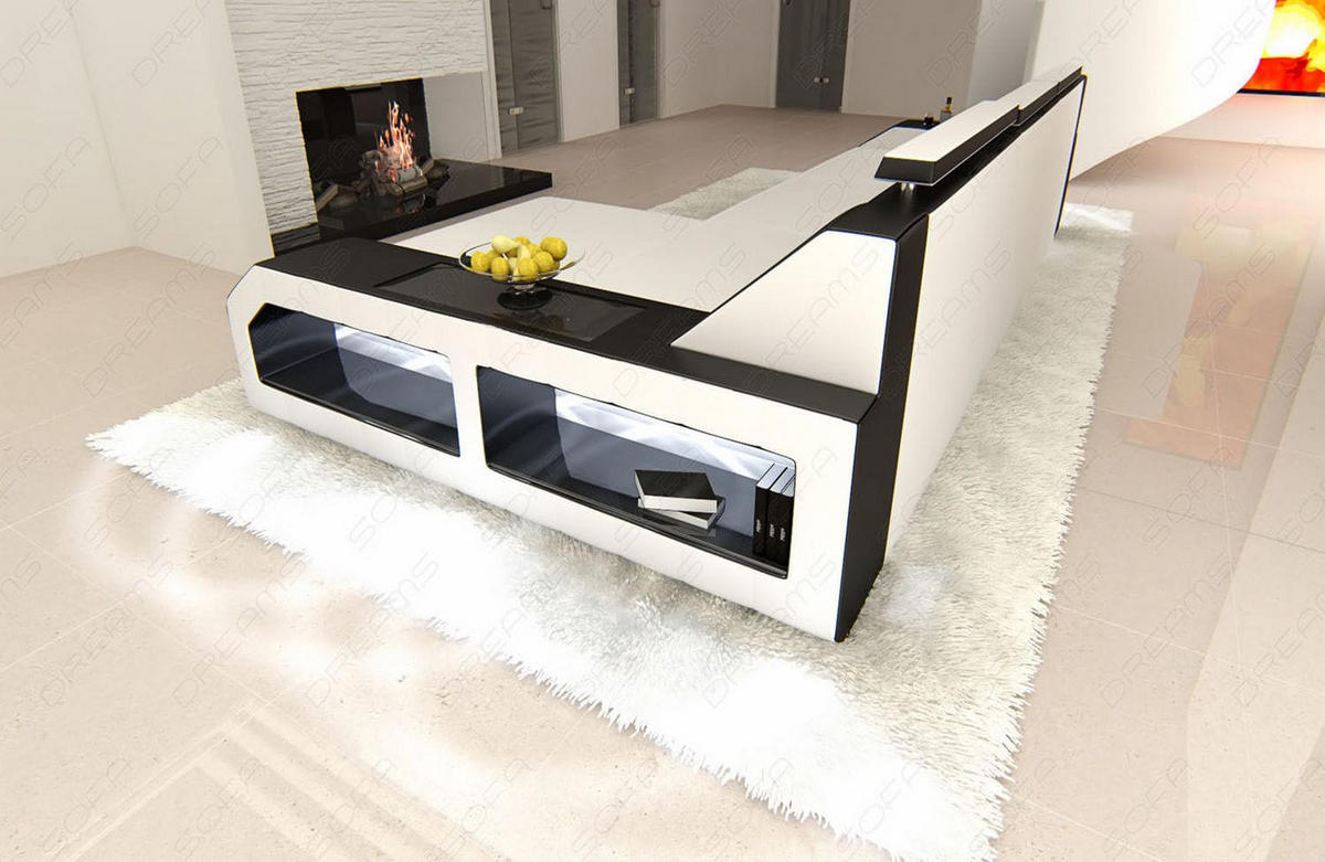 COUCH Arezzo L Weiß Schwarz Büffelleder - Weiß, Leder (308/194cm)
