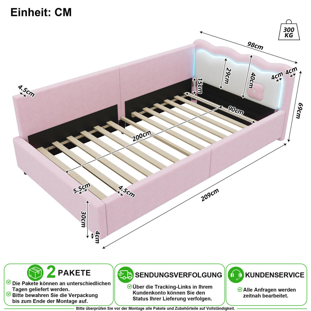 SCHLAFSOFA 90/200 cm in Rosa mit LED und Lattenrost - Rosa, Holzwerkstoff/Textil (90/200cm) - CHICFURN