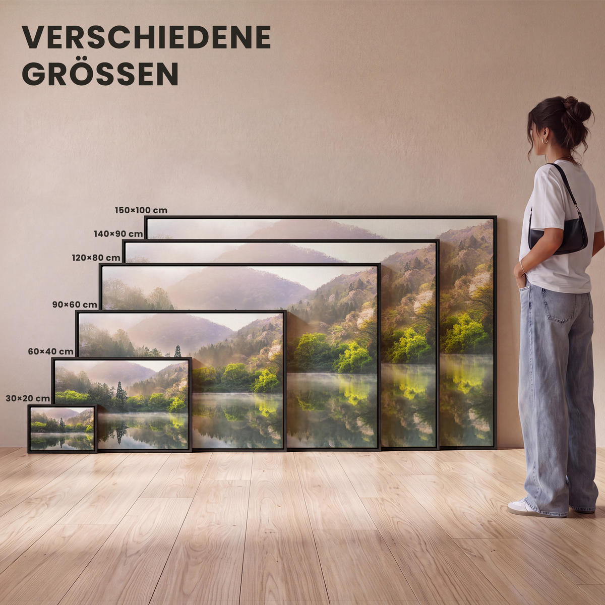LEINWAND Bilder mit Rahmen - Natur - Bäume - Berge - See - Wasser - 150x100 - Hellgrün, Textil (150/100cm) - MuchoWow