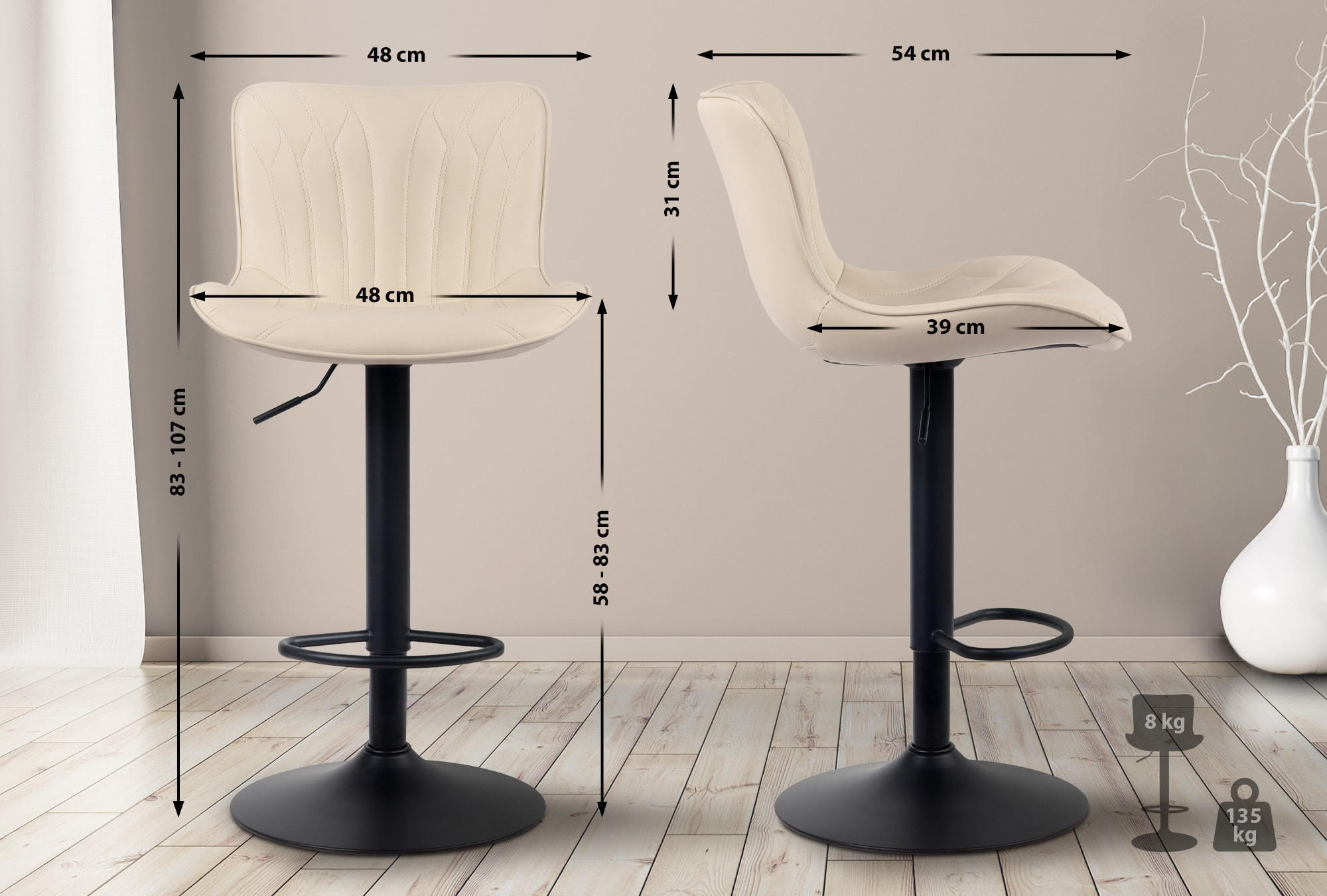 BARHOCKER 2er Set Lederlook creme - Creme/Schwarz, Textil/Metall (48/83/54cm) - CLP