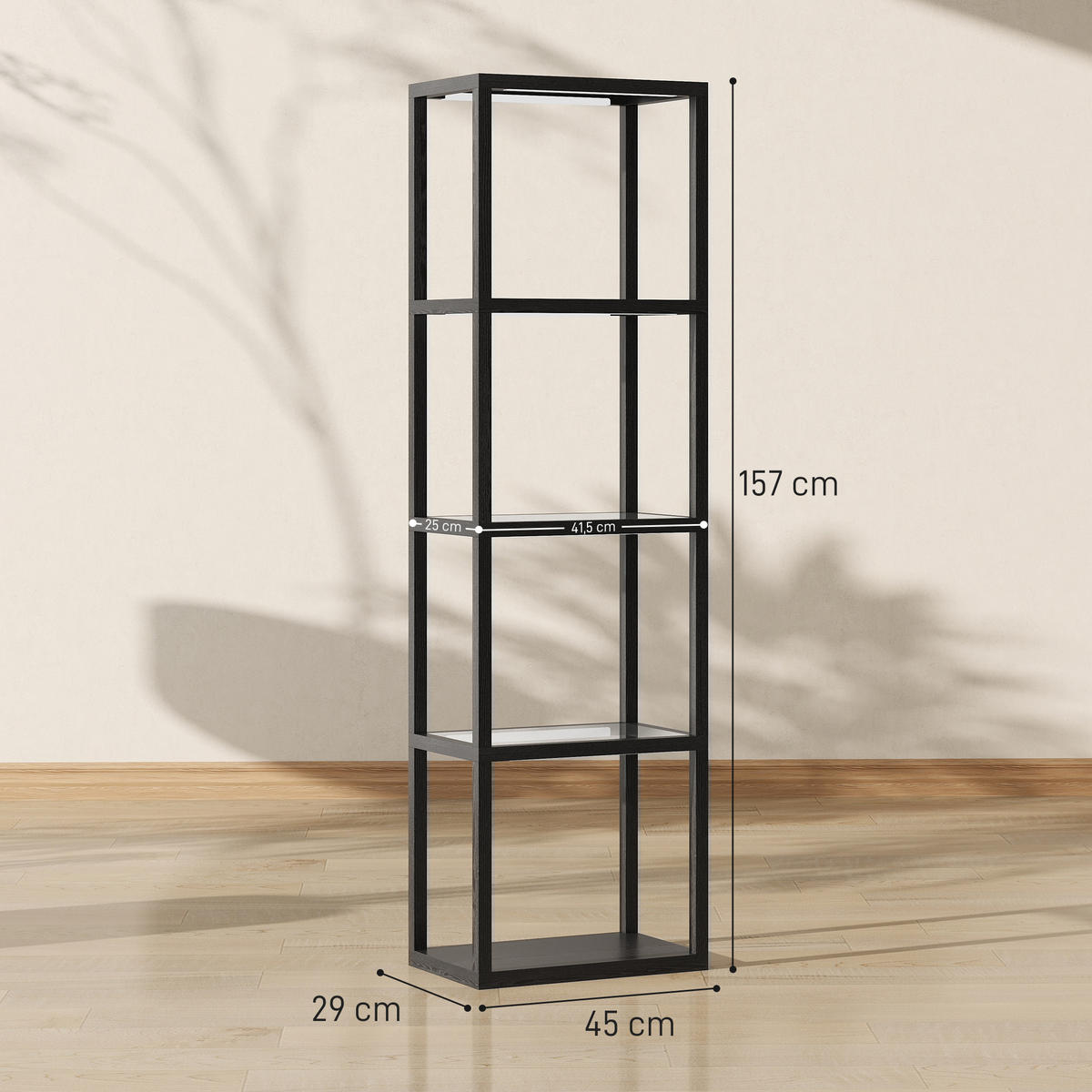 RGB Stehlampe mit Glasregalen, 4-Ebenen-LED-Stehleuchte mit Fernbedienung - Schwarz, Holzwerkstoff (45/29/157cm) - HOMCOM