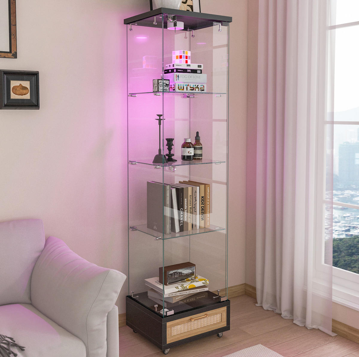 VITRINE 36,5/42,5/167 cm aus MDF und Glas mit LED-Beleuchtung, Rollen und abschließbarem Stauraum, Schwarz - Schwarz, Holzwerkstoff (42.5/167/36.5cm) - Redom