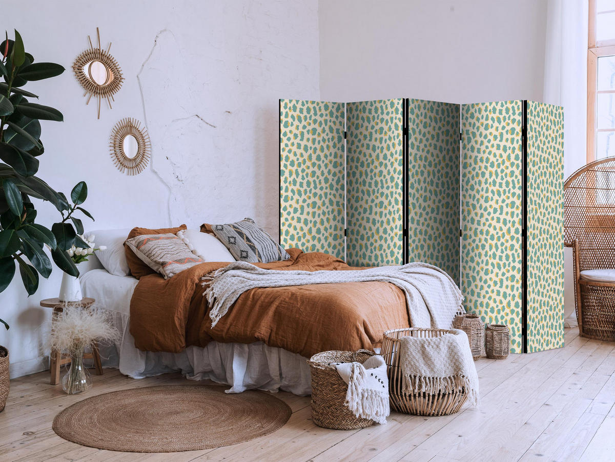 PARAVÁN Akustický 5-dielny 225x172 cm Tyrkysové Bodky - zelená, drevo/textil (225/172/3cm) - Muralo