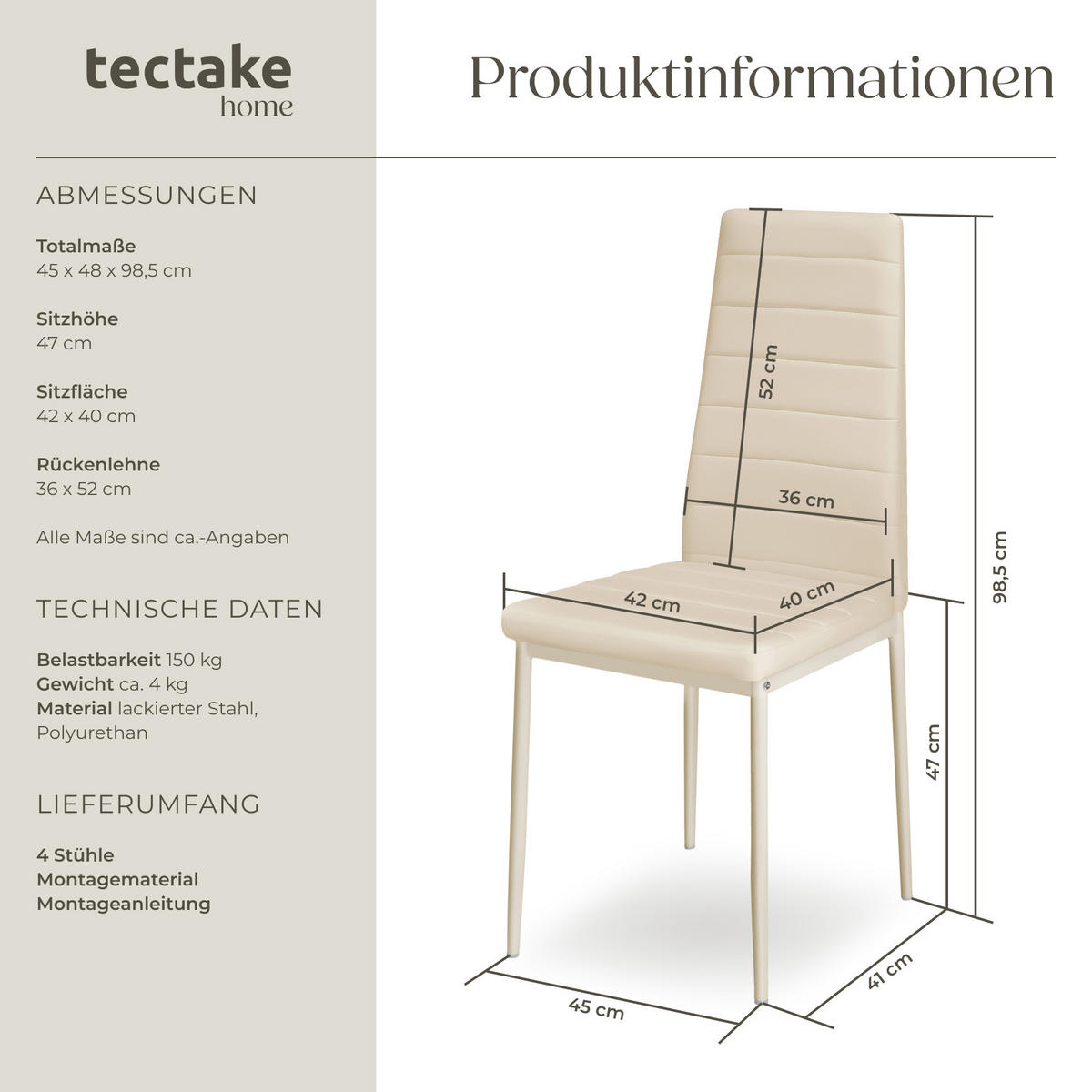 ESSZIMMERSTUHL 4er Set Thomas 41 x 45 x 98 5 cm beige - Beige, Textil (48/98.5/45cm) - tectake