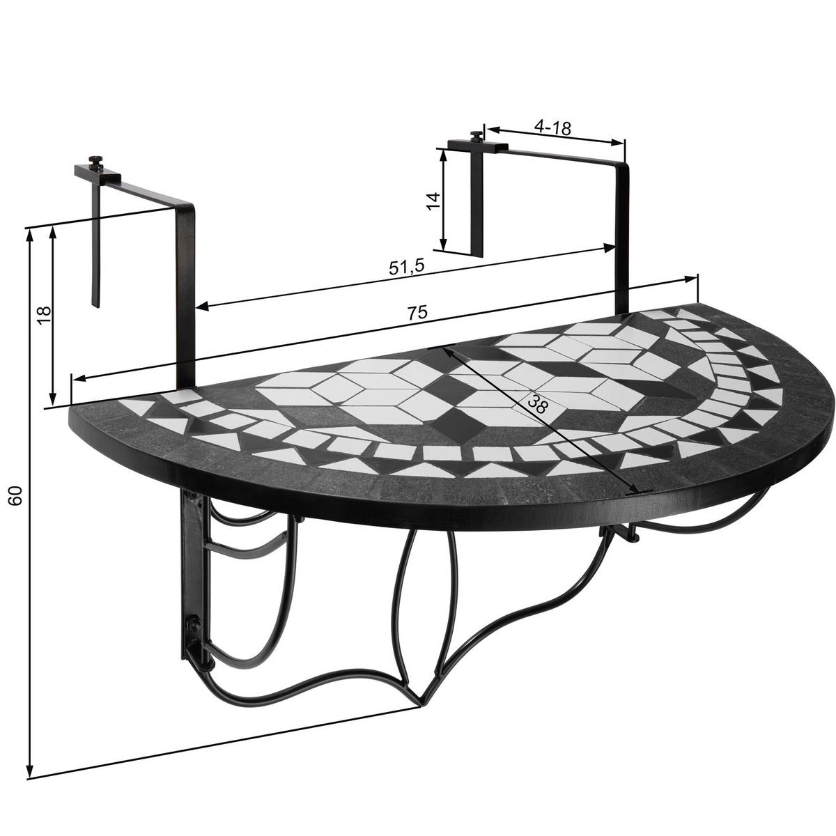 BALKONTISCH ,75 x 65 x 62 cm,schwarz/weiß - Schwarz/Weiß, Metall (75/65/62cm) - tectake