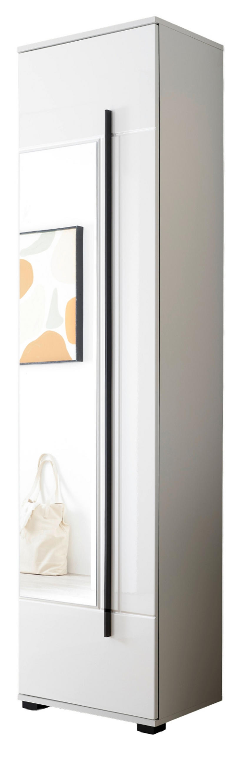 SCHUHSCHRANK weiß Hochglanz 50 x 200 cm, Garderobenschrank mit Spiegel - Weiß Hochglanz/Schwarz, Glas/Holzwerkstoff (50/200/39cm) - Furn.Design