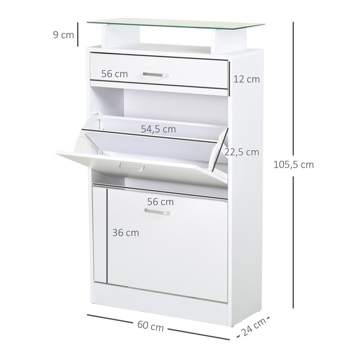SCHUHSCHRANK DE-14977 2 Klapptüren & Schublade mit Glasablage Weiß - Weiß, Holzwerkstoff (60/105.5/24cm) - ComfortXL