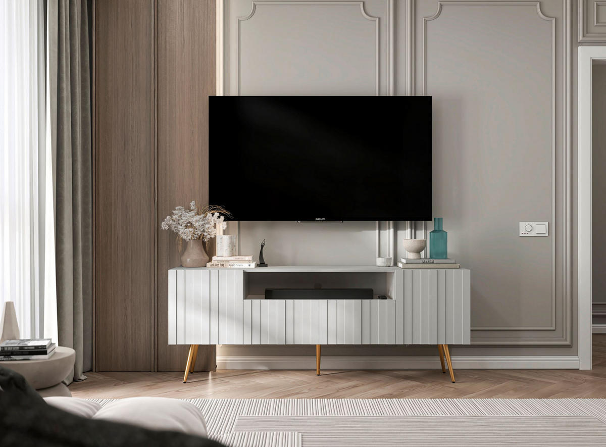 TV-SCHRANK Elpis2 Weiß Matt mit goldenen Metallbeine Glamour 150 cm - Goldfarben/Weiß, Holzwerkstoff/Metall (150/60.5/36.5cm) - Meble Lindner