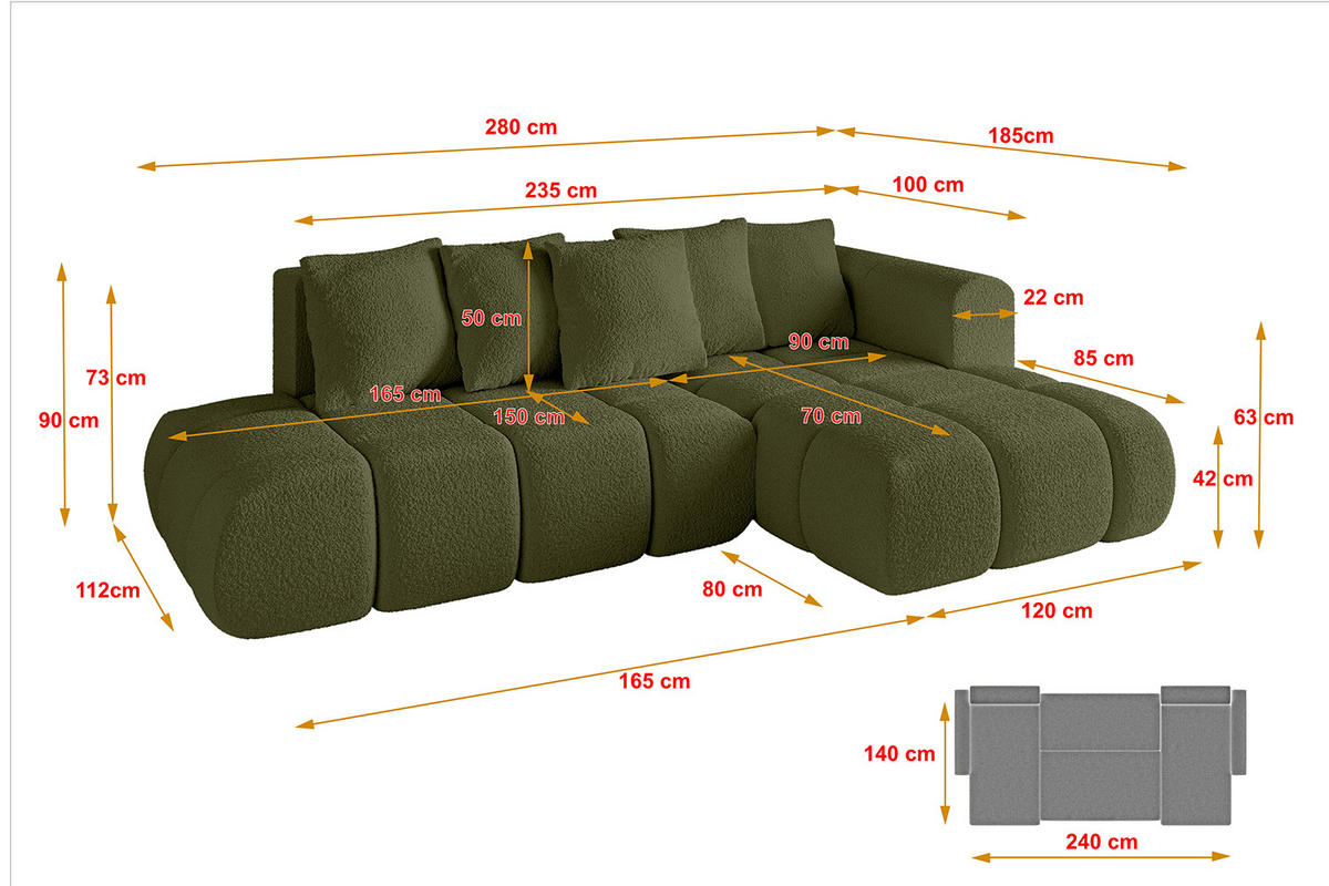 ECKSOFA Ottomane Rechts CLOUD-L-v1 280x185x90 Grün Bouclé - Grün, Holzwerkstoff/Kunststoff (185/280cm) - ALTDECOR