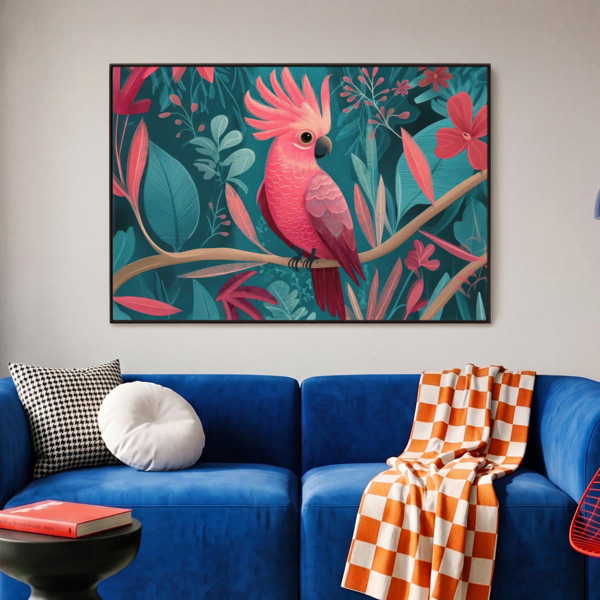 LEINWAND Bilder mit Rahmen - Kakadu - Tropische Blätter - Zweig - 90x60 - Petrol, Textil (90/60cm) - MuchoWow