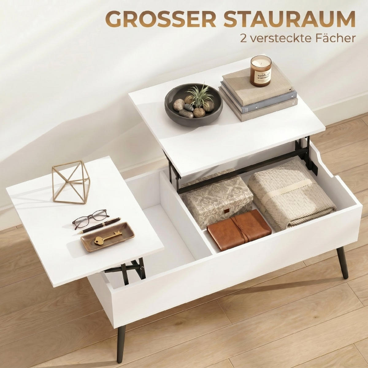COUCHTISCH DE-37207 Lift-Top mit 2 Klappdeckeln Weiß/Schwarz - Weiß, Holzwerkstoff (100/50/58cm) - ComfortXL