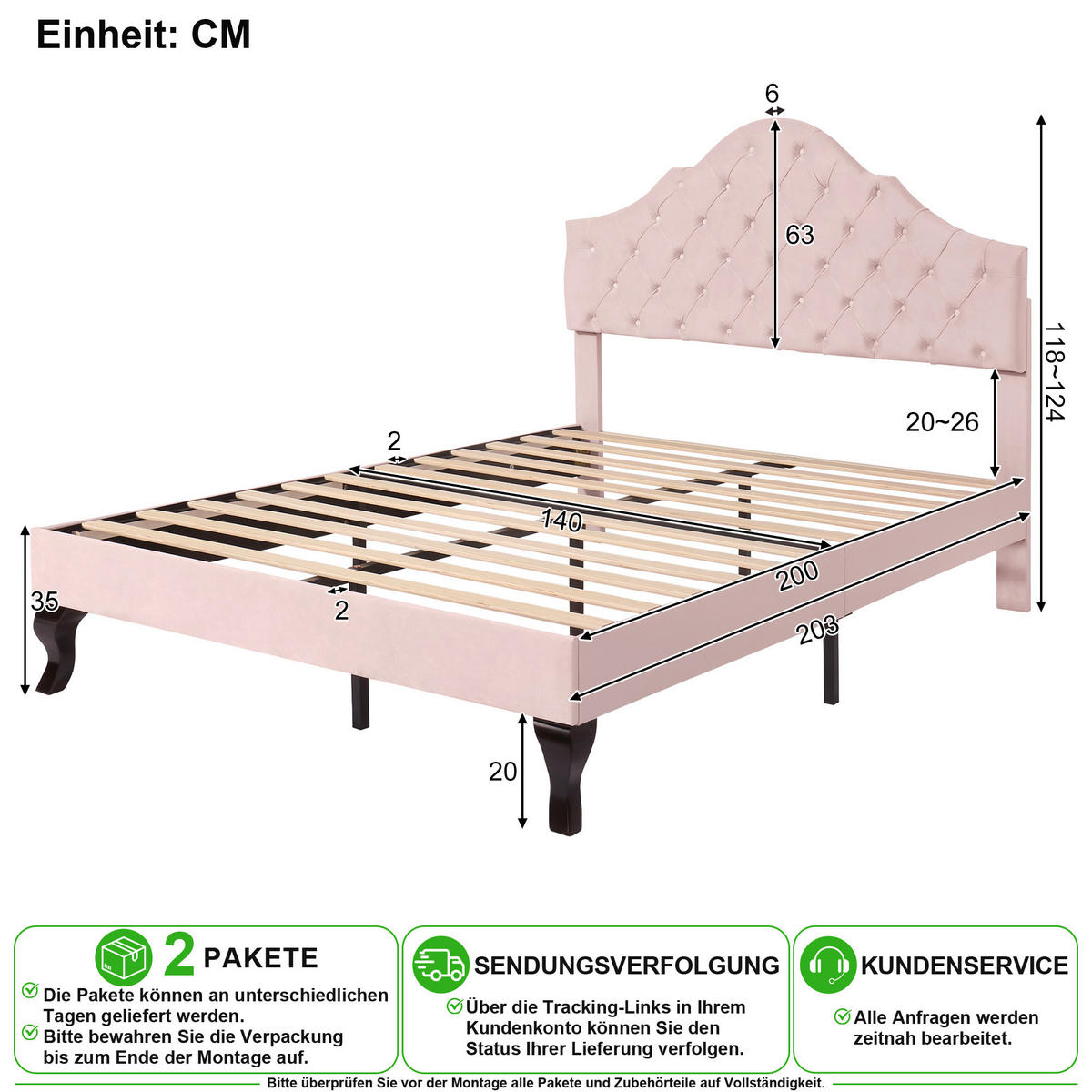 POLSTERBETT 140/200 cm in Pink Samt mit verstellbarem Kopfteil und Lattenrost - Rosa, Holzwerkstoff/Textil (140/200cm) - CHICFURN