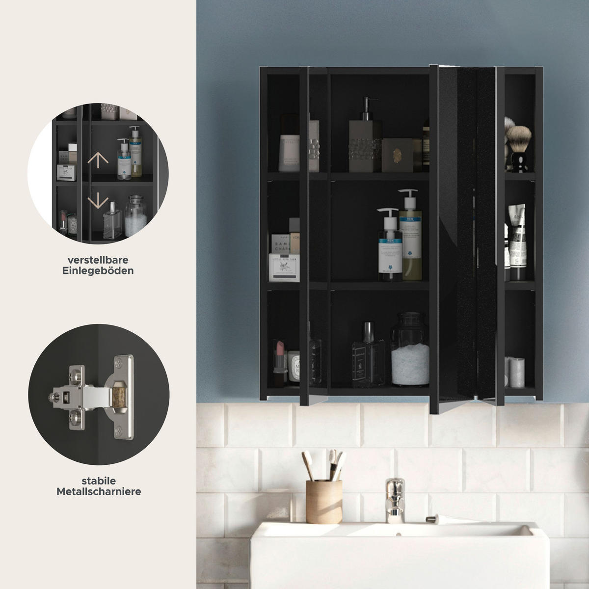 SPIEGELSCHRANK Linus Bad in schwarz Nachbildung und Spiegelglas B/H/T: 60x70x18 cm - Schwarz, Holzwerkstoff (60/70/18cm)