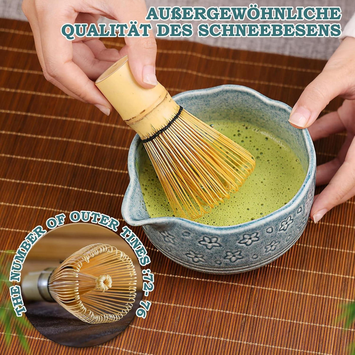 MATCHA Set 7-teiliges traditionelles Tee-Set mit Bambusbesen und Schale - Dunkelblau, Keramik (15/10/15cm)