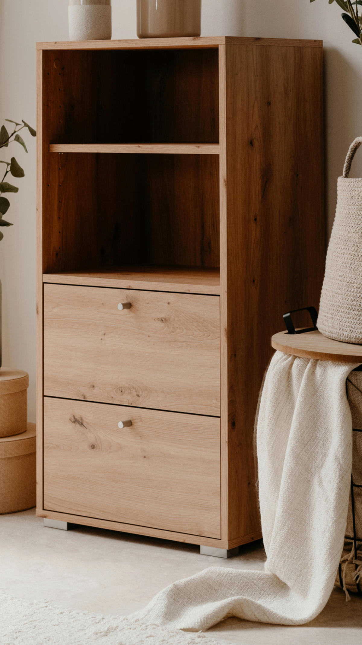 REGAL Eiche Artisan 46 x 97 cm, Standregal mit 2 Schubladen - Silberfarben/Eiche Artisan, Holzwerkstoff/Kunststoff (46/96.5/33.5cm) - Furn.Design