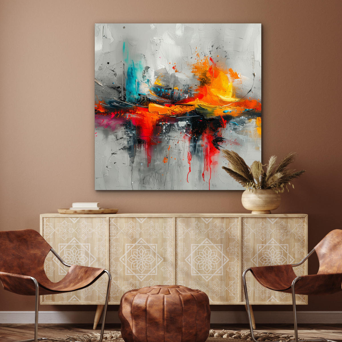 KOVOVÝ OBRAZ Moderné umenie - Oranžová - Sivá - Abstraktné 90x90 cm - svetlosivá, kov (90/90cm) - MuchoWow