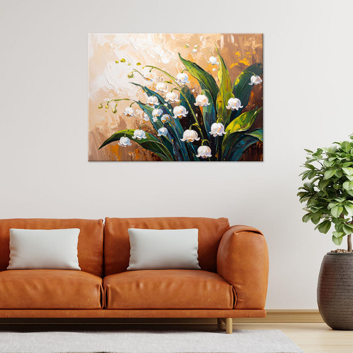 LEINWANDBILD Blumen Maiglöckchen auf beigem Hintergrund Imitation von Farbe 90x60cm - Beige, Textil (90/60cm) - Feeby