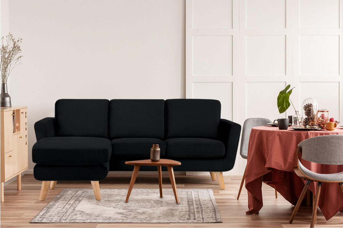 3-SITZER-ECKSOFA-LINKS TAGIO mit Ottomane , Schwarz - Schwarz/Braun, Buchenholz/Textil (190/151cm) - KONSIMO®
