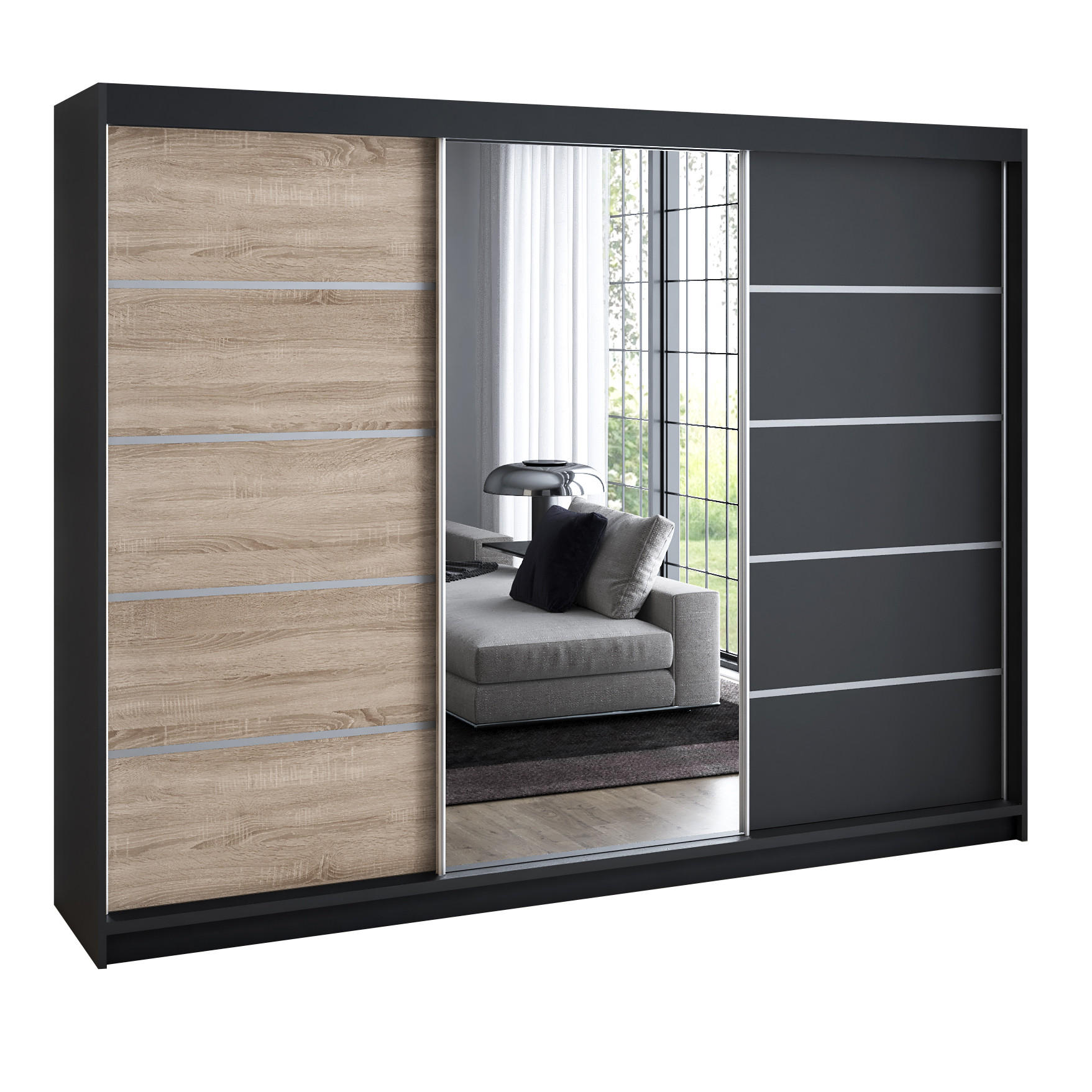 A&J MöbelLand Schwebetürenschrank Braun, Schwarz 200x215x59.5 cm
