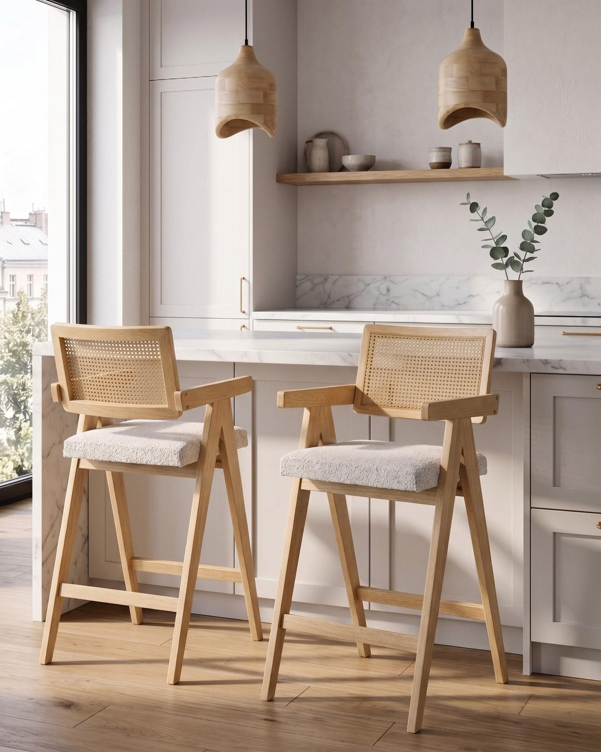 BARSTUHL 2er-Set Holz Hellbraun/Beige Ava - Hellbraun, Holz (55/102/65cm) - Beliani