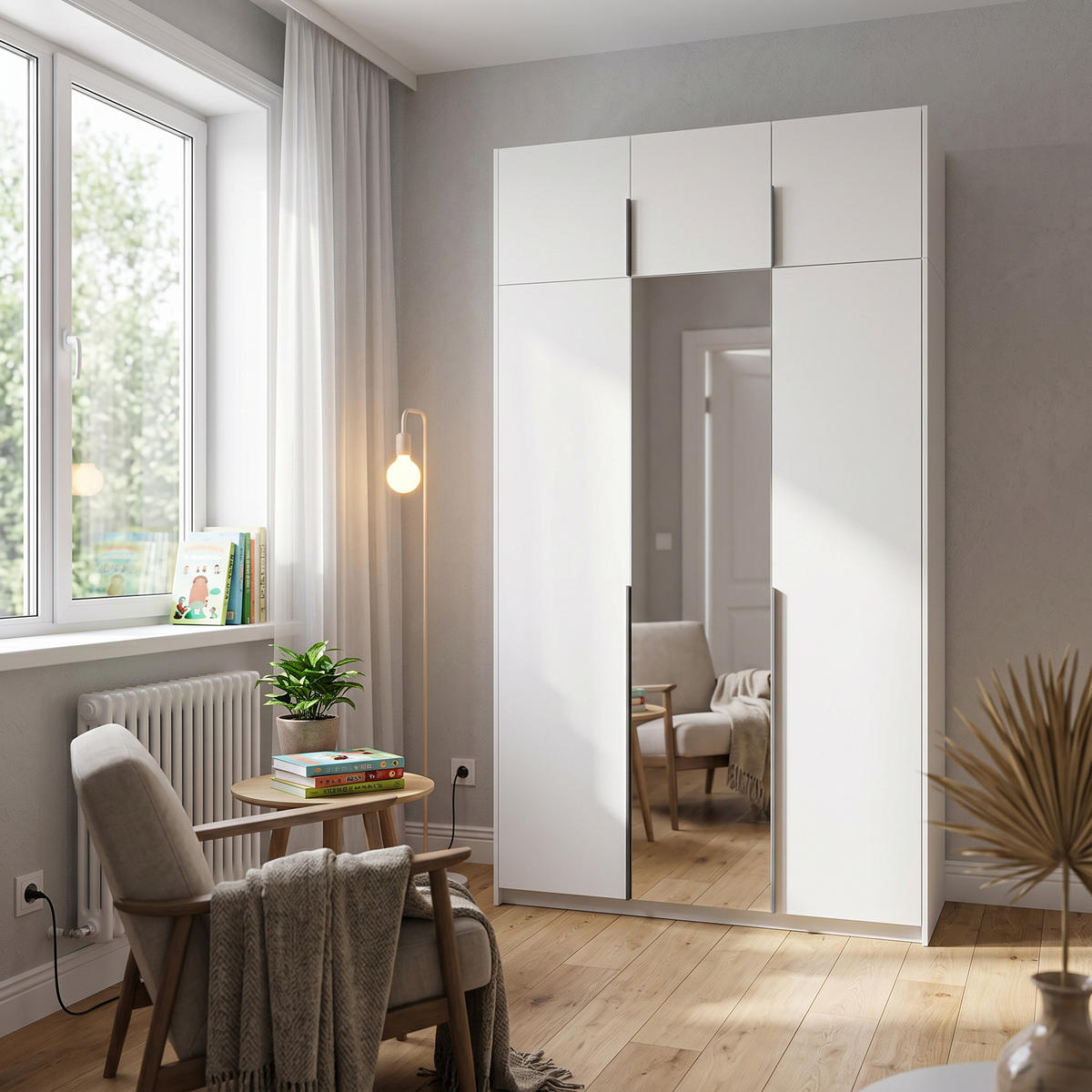 DREHTÜRENSCHRANK THALIA 148/250/58cm 3-türig mit Spiegel Weiß - Weiß, Holzwerkstoff (148/250/58cm) - MASSENO