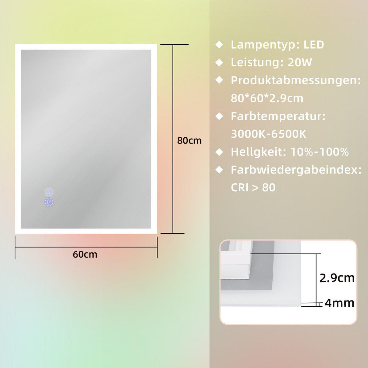 BADEZIMMERSPIEGEL Reddy mit LED-Leuchte 80/60 cm - Weiß, Glas (80/2.9/60cm) - Nettlife