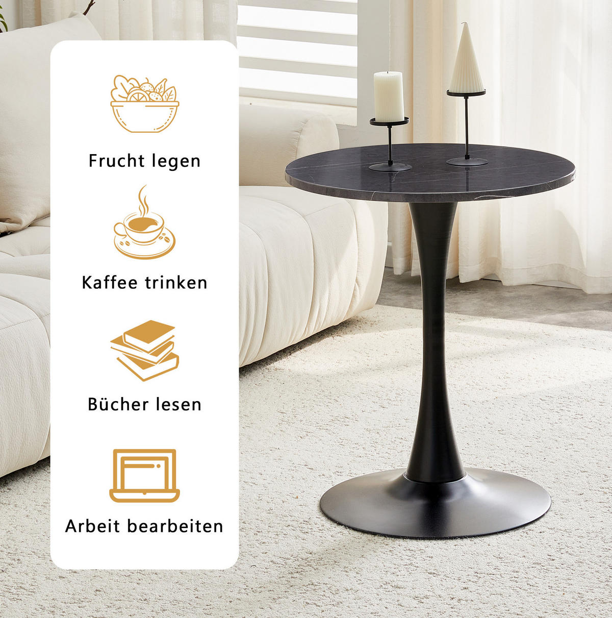 BEISTELLTISCH 60/60/72 cm Schwarz in Marmor-Optik aus MDF mit Metallfuß - Schwarz, Holzwerkstoff (60/60/72cm) - OKWISH