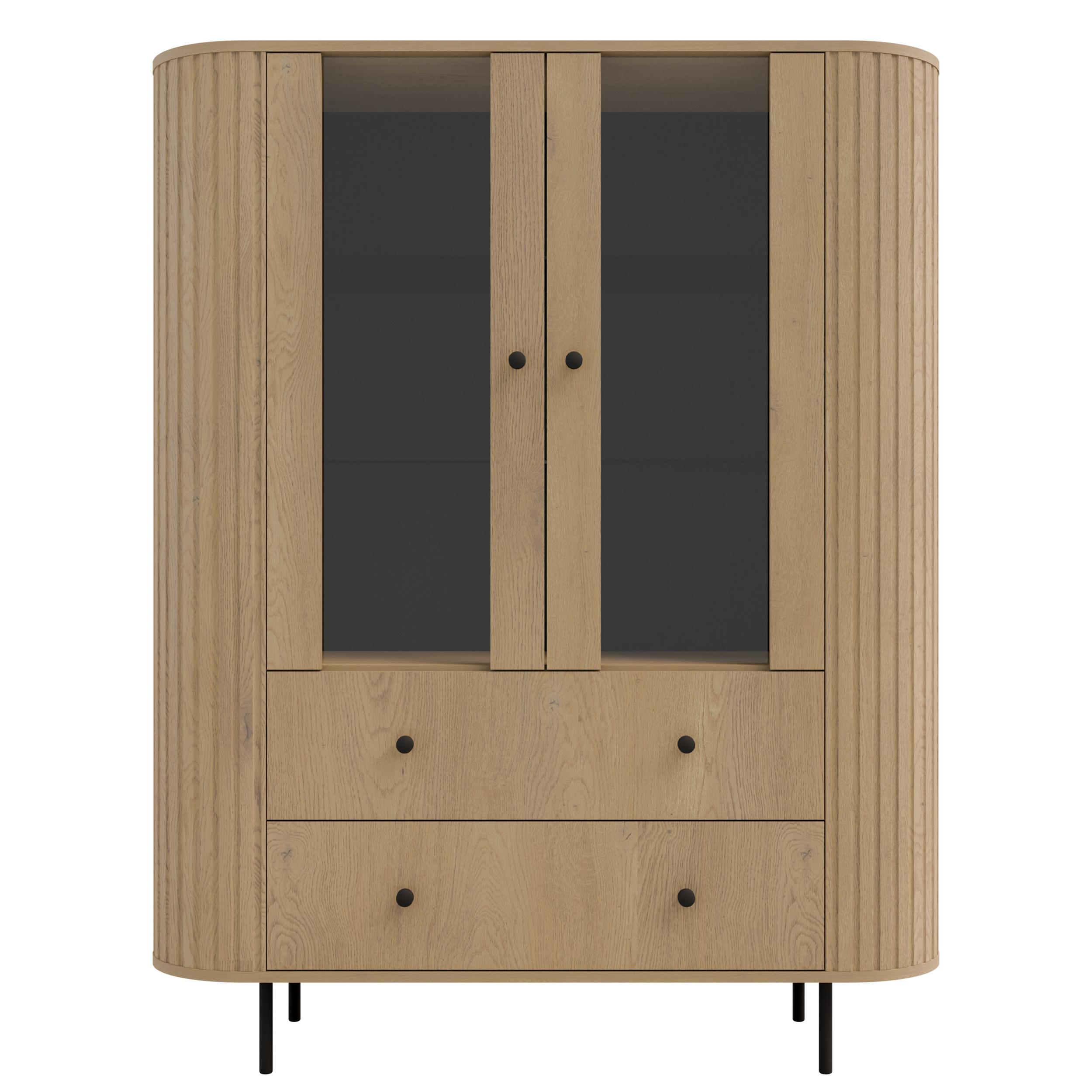 VITRINE Halay Eiche Cremona, 2 Türen & 2 Schubladen Moderne Rillenstruktur, mit runden Kanten - Eichefarben/Schwarz, Holzwerkstoff/Metall (123/155/42.3cm) - AX Living