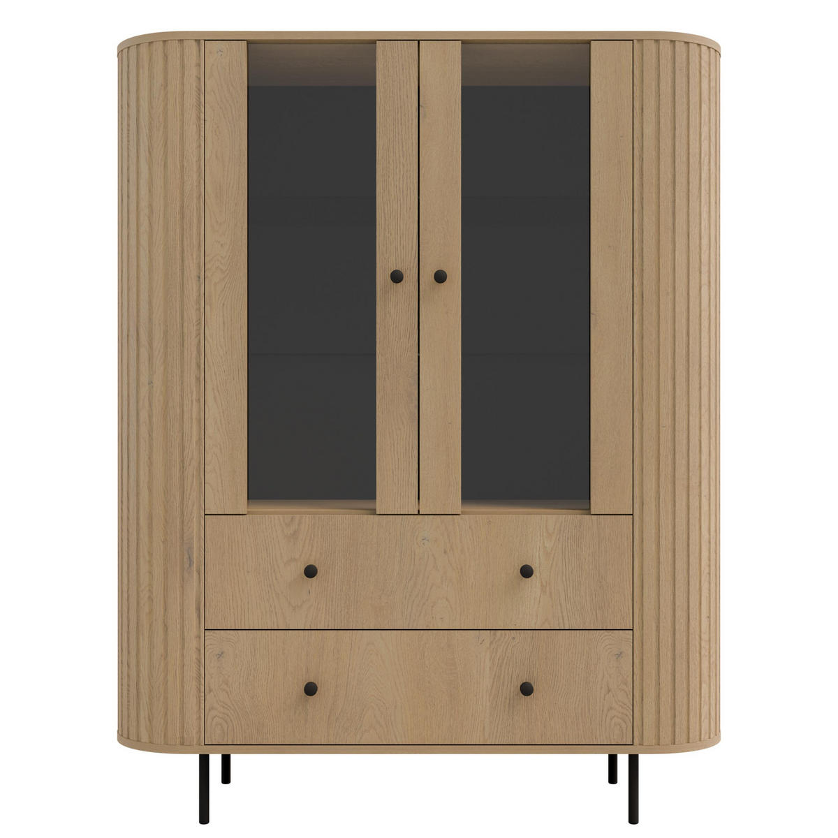 VITRINE Halay Eiche Cremona, 2 Türen & 2 Schubladen Moderne Rillenstruktur, mit runden Kanten - Eichefarben/Schwarz, Holzwerkstoff/Metall (123/155/42.3cm) - AX Living