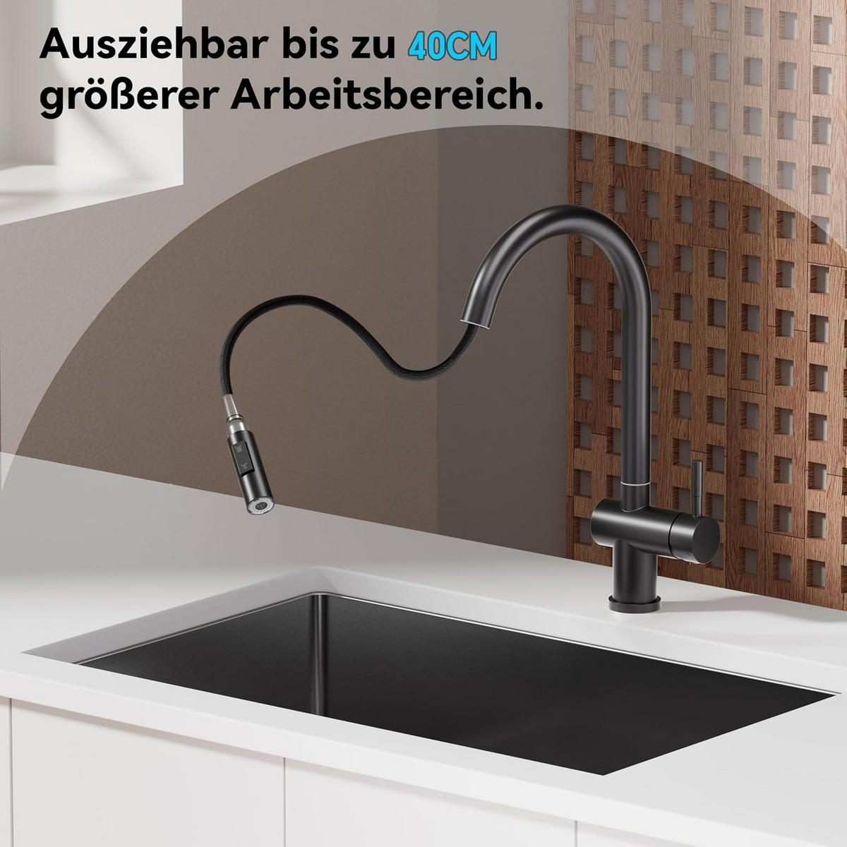BADEZIMMERARMATUR, inklusive 70 cm langem flexiblem Schlauch, 40 x 24 cm, schwarz. - Schwarz, Metall (42/7/24cm) - Vallsero