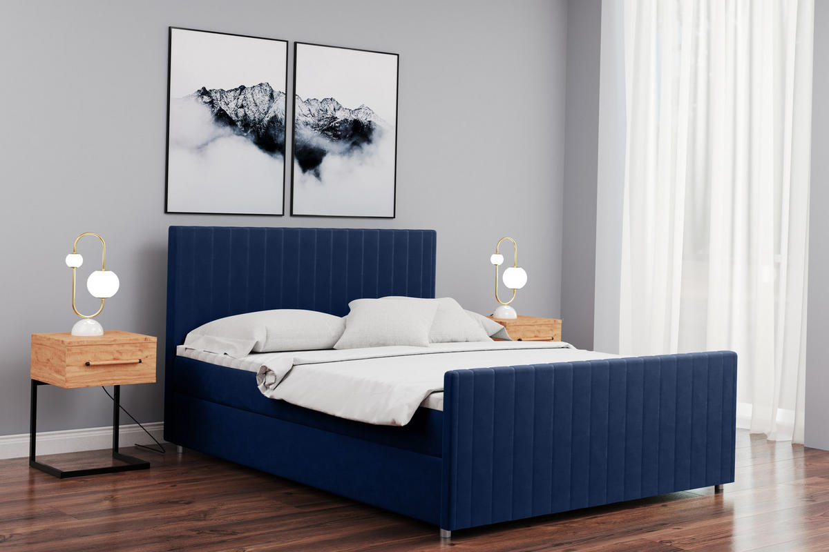 BOXBETT mit Bettkasten Matratze Topper LATINO stoff Velvet 200x200 cm Marineblau H2-Pocket - Dunkelblau, Holz/Holzwerkstoff (200/200cm) - Kaiser Möbel