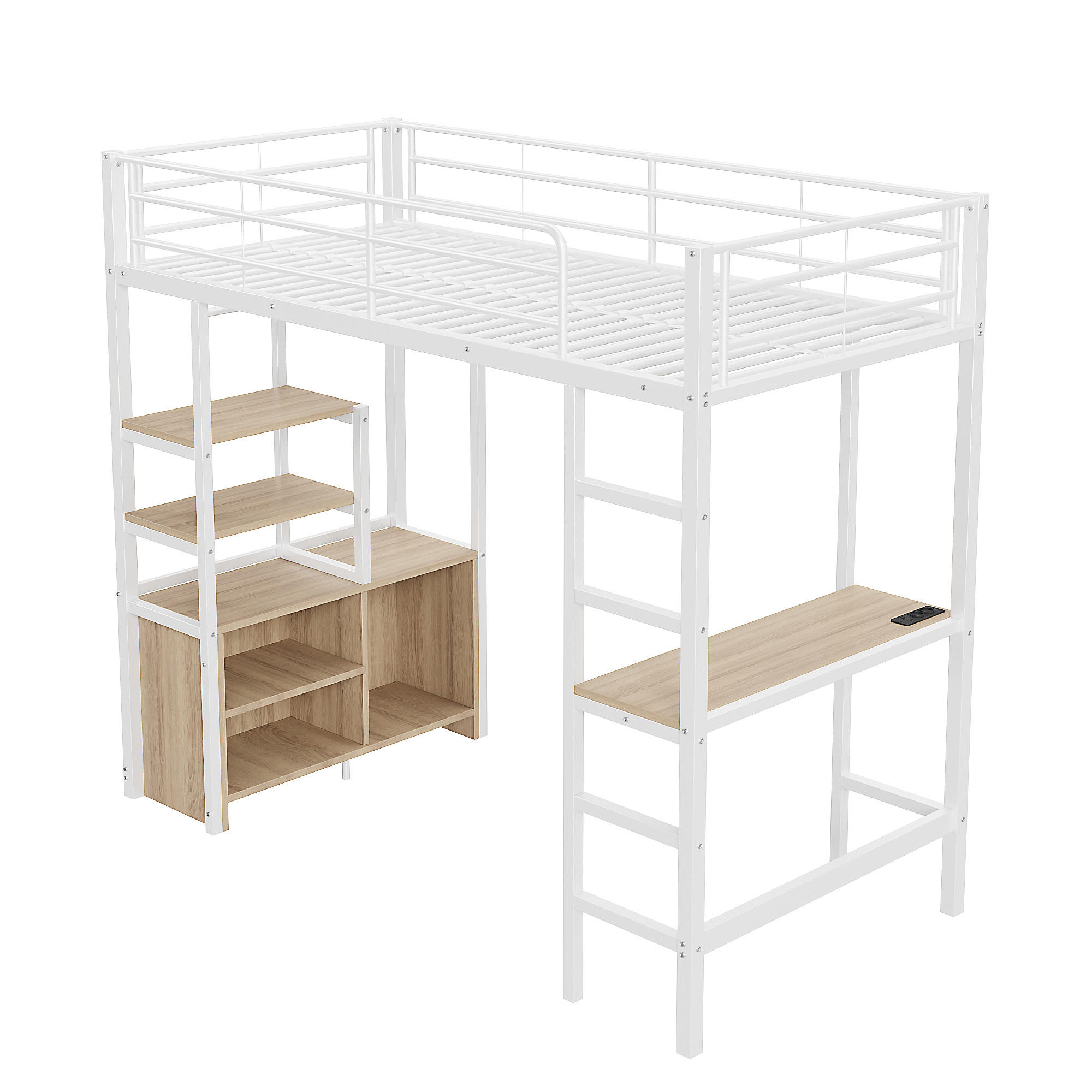 HOCHBETT 90/200 cm DE-04425, mit Schreibtisch, Steckdose und Regalen in Weiß - Weiß, Metall (90/200cm) - ComfortXL