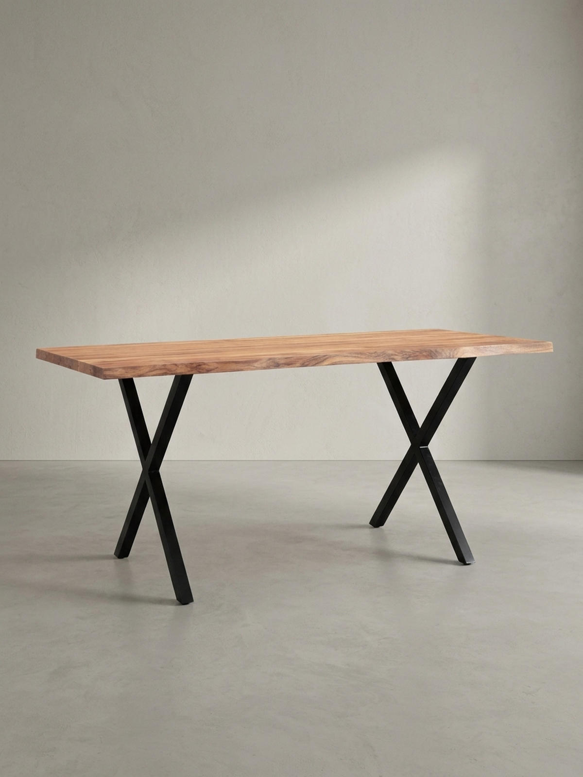 SCHREIBTISCH Massivholz X-Gestell Baumkante Handgefertigt KRETA, Goldbraun-Schwarz 140x80x76 cm - Schwarz/Braun, Holz/Metall (80/140/76cm) - KADIMA DESIGN