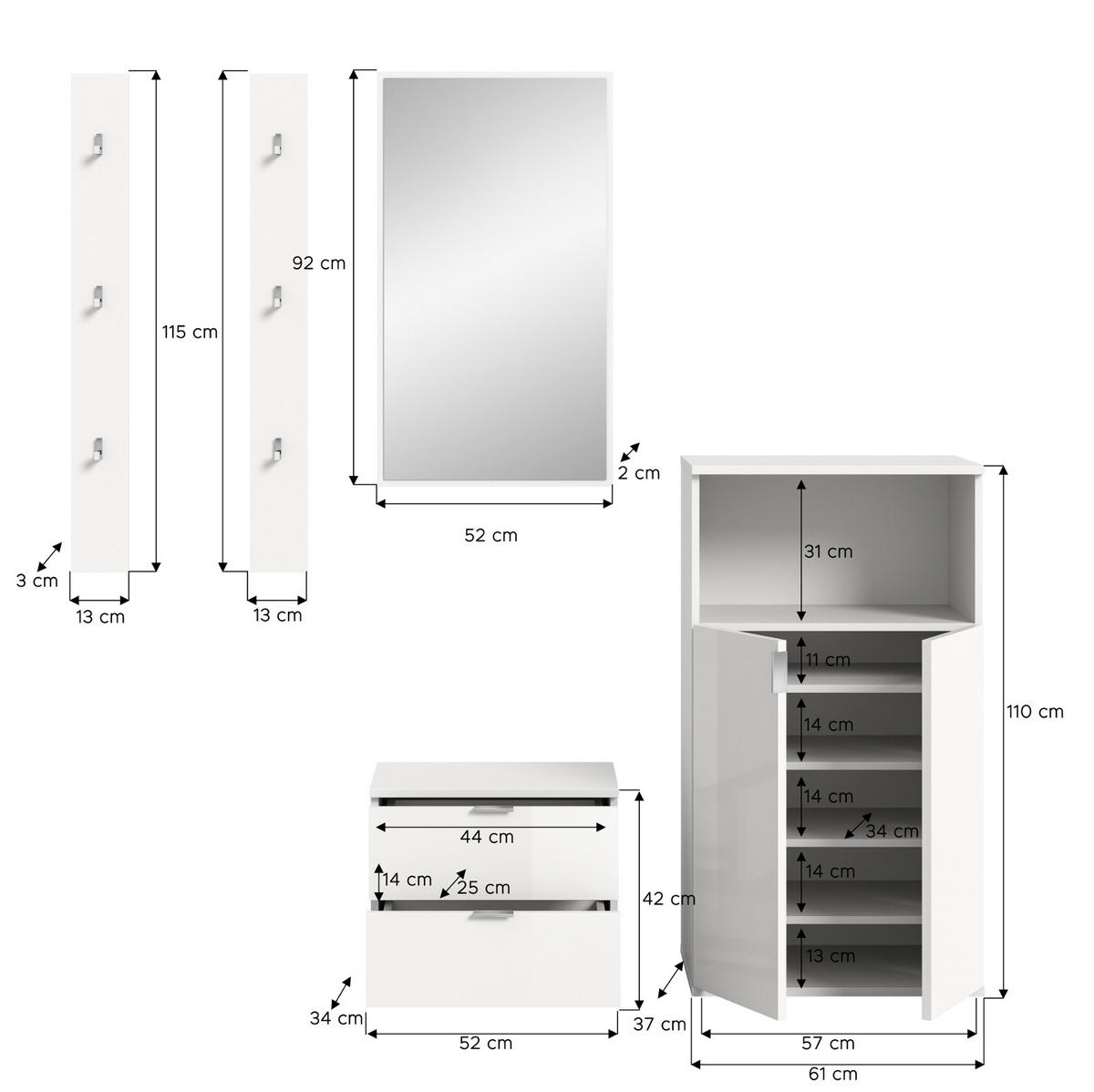 GARDEROBE Set 5-teilig weiß Hochglanz 184 cm, Flurgarderobe mit viel Stauraum - Chromfarben/Weiß Hochglanz, Glas/Holzwerkstoff (184/193/37cm) - Inn.Furn