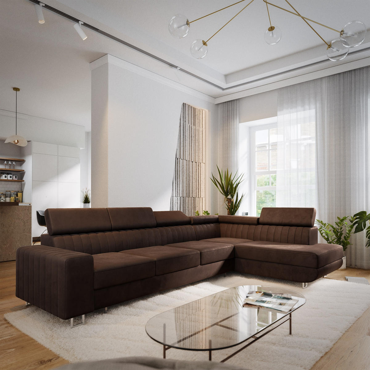 ECKSOFA HESTION Braun Velours-Stoff mit Schlaffunktion - Braun, Holz (332/190cm) - MASSENO