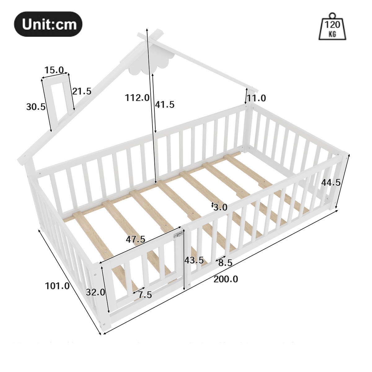 FLACHBETT 90/190 cm Kinderbett aus Kiefernholz mit Geländer und Schloss in Weiß - Weiß, Holz (90/190cm) - OKWISH