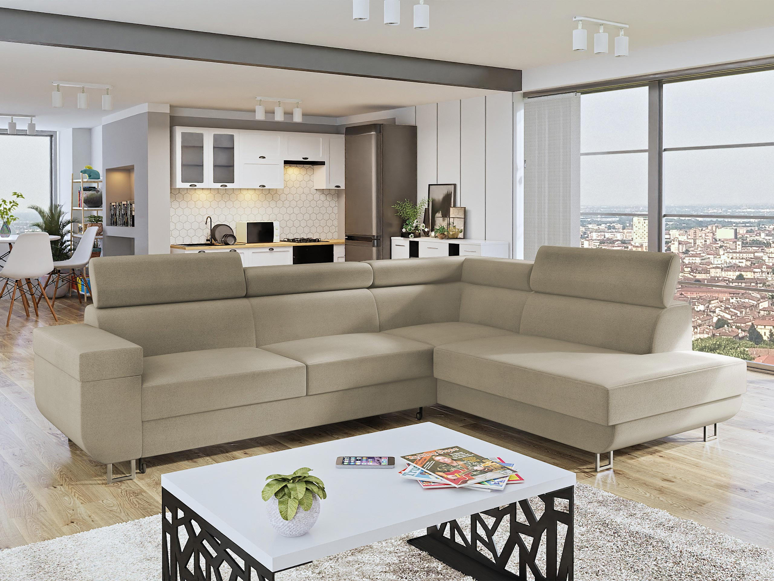 ECKSOFA Fonti, Seite: Rechts - Beige, Holz/Textil (253/188cm) - MIRJAN24