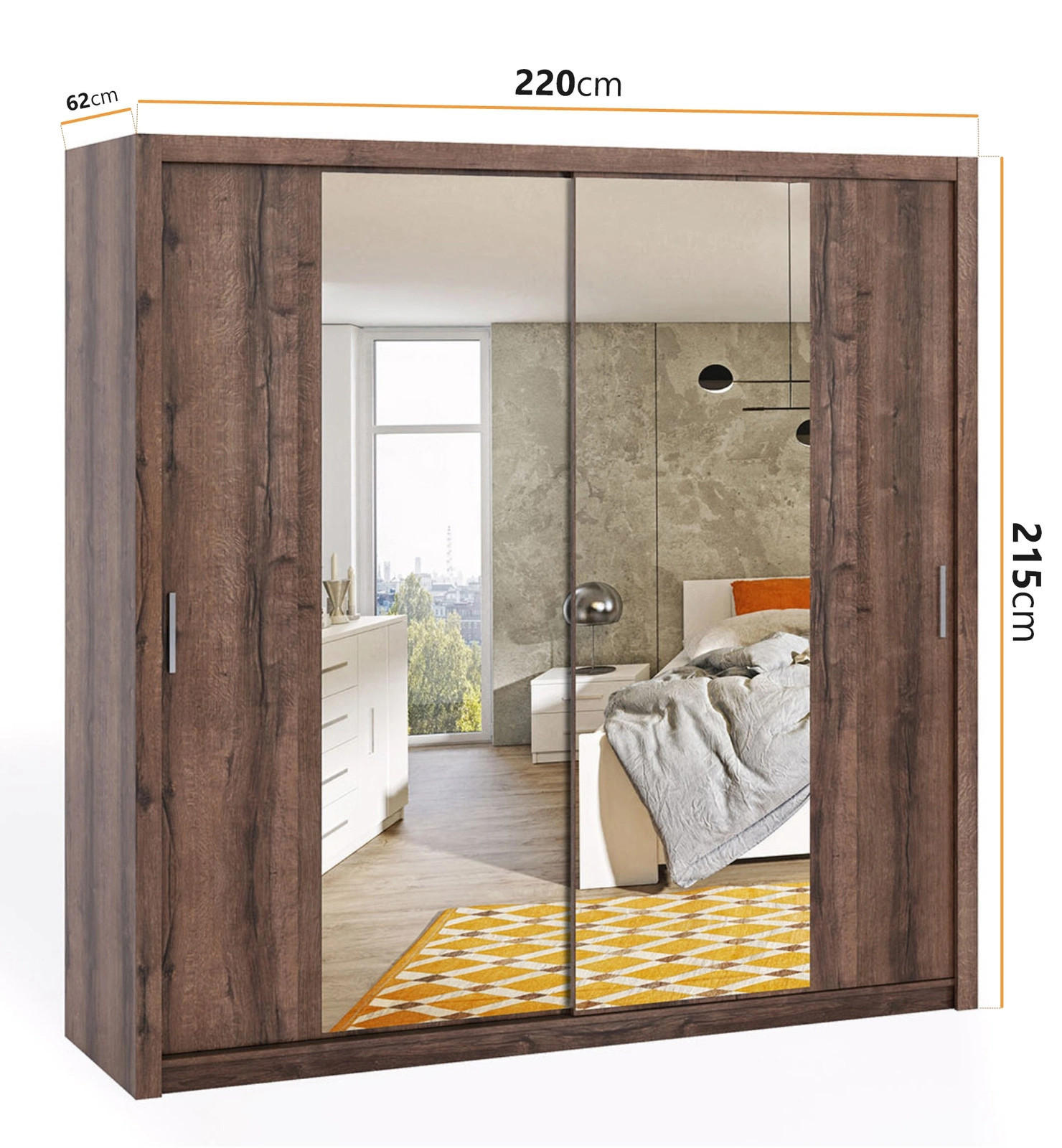 SCHIEBETÜRENSCHRANK Tamiza 220/215/62 mit Spiegel - Silberfarben/Braun, Holzwerkstoff/Kunststoff (220/215/62cm) - Ravio