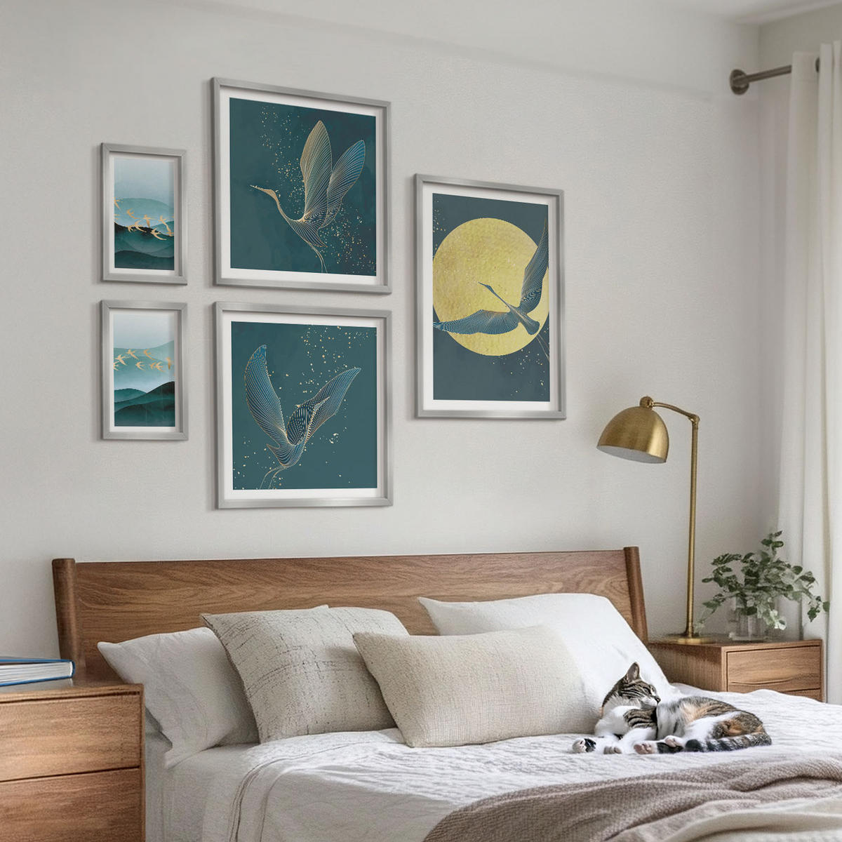 BILDER SET 5er Set - 50x50 cm & 20x30 cm & 40x60 cm Silberner Rahmen - Abstrakte Landschaften von Vogelwellen - Silberfarben, Kunststoff (40/60cm) - TULUP
