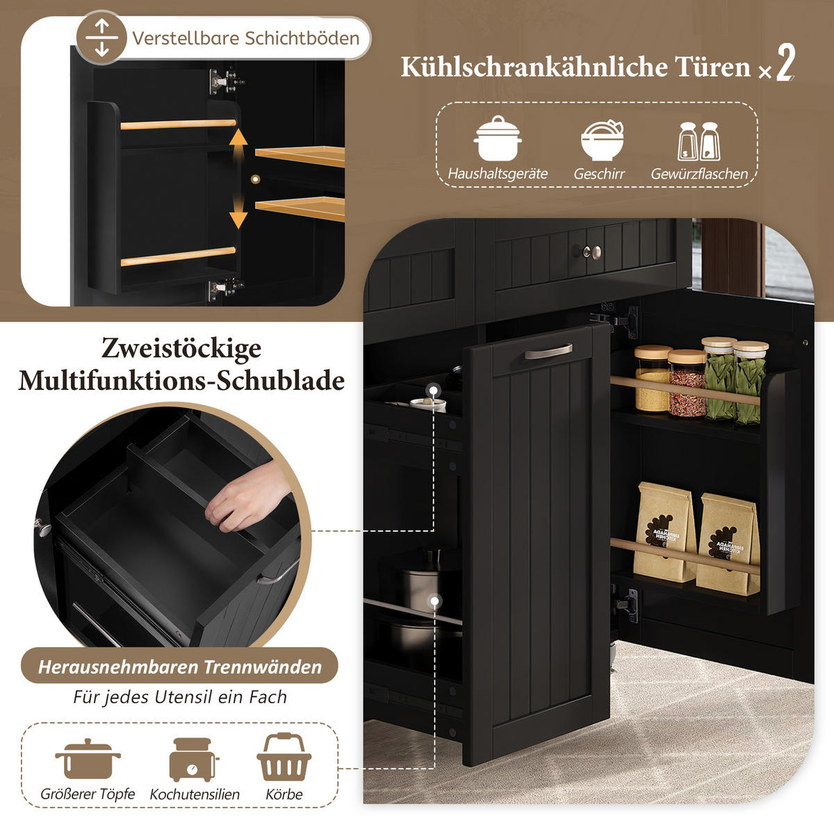 KÜCHENINSEL 140/40/92 cm Schwarz mit Ausziehbarer Arbeitsplatte und Multifunktionsschubladen - Schwarz, Holz (40/92/139.5cm) - Oxeza