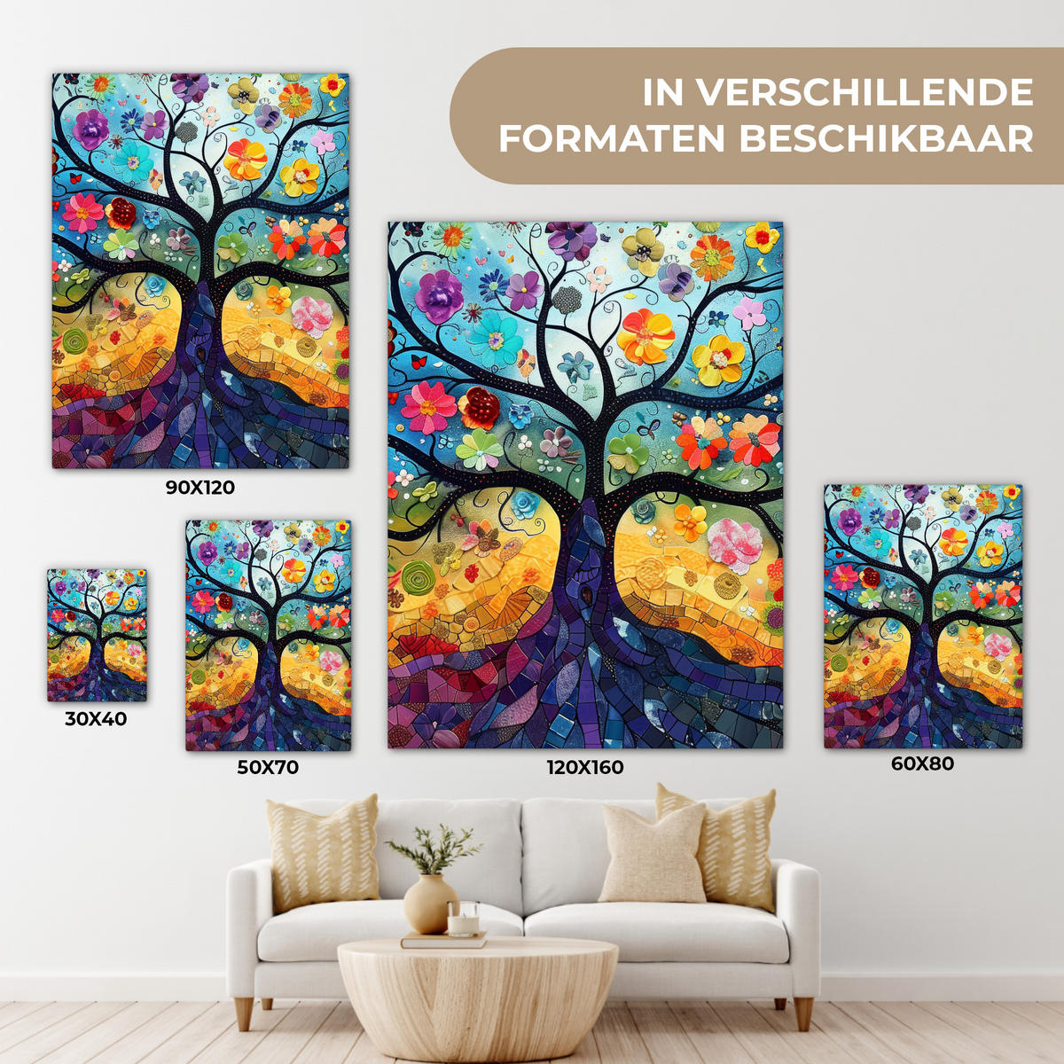 LEINWANDBILD Kunst - Baum des Lebens - Blumen - Hippie 30x40 cm - Dunkelblau, Textil (30/40cm) - MuchoWow