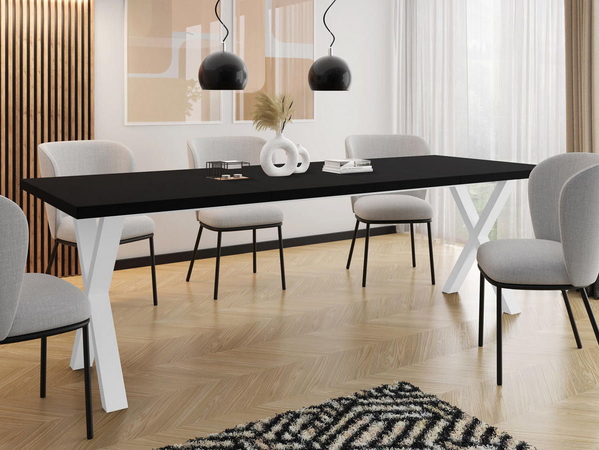 ESSTISCH Luiza rechteckig ausziehbar, Schwarz 120-220/80/76 cm - Schwarz/Weiß, Holzwerkstoff/Metall (120/80/76cm) - WFL GROUP