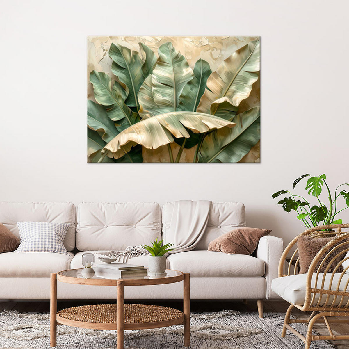BILD auf Leinwand, Grüne und beige tropische Blätter - Beige, Textil (120/80cm) - Feeby