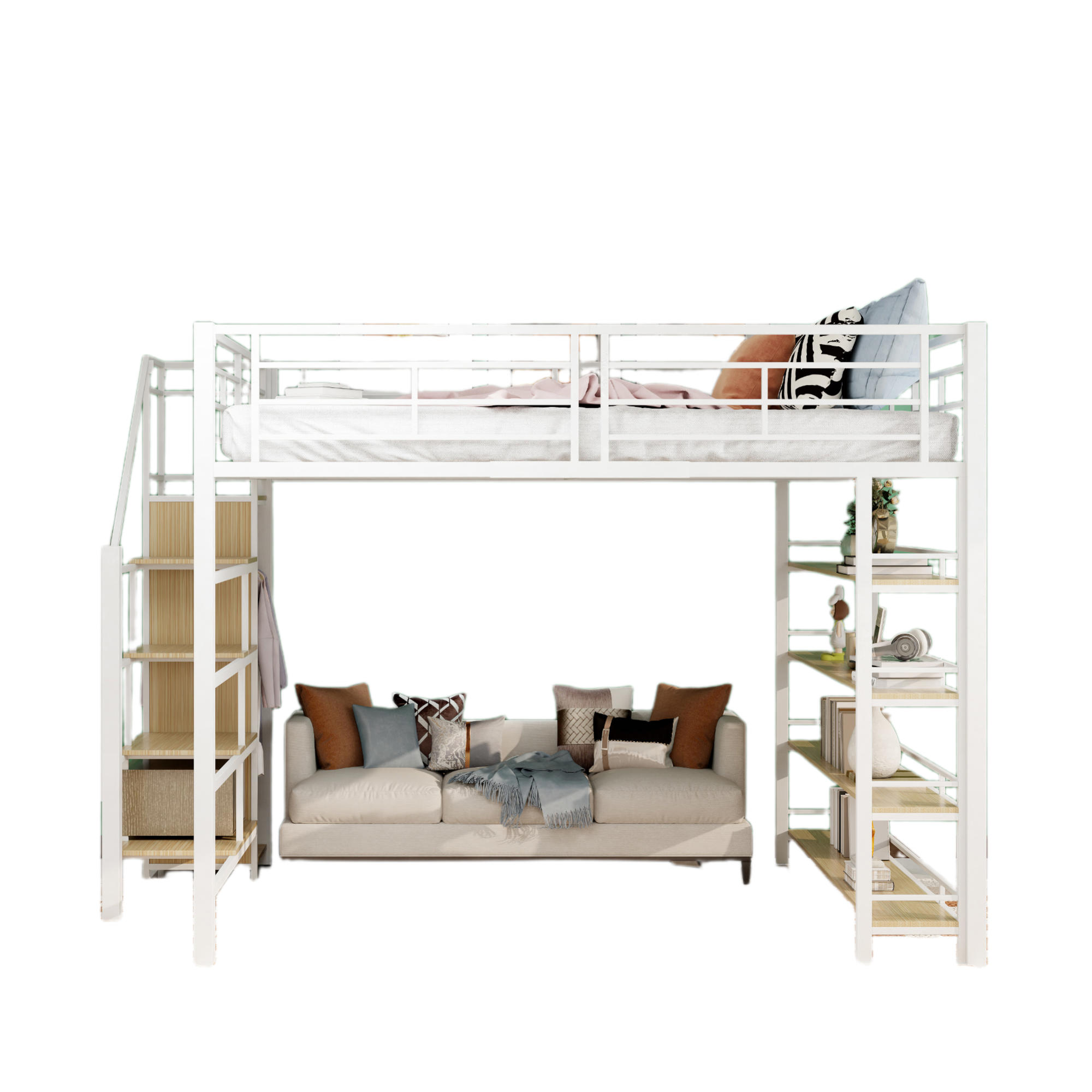 HOCHBETT 140/200 cm weiß mit Stauraumtreppe und hohem Zaun - Weiß, Metall (140/200cm) - OKWISH