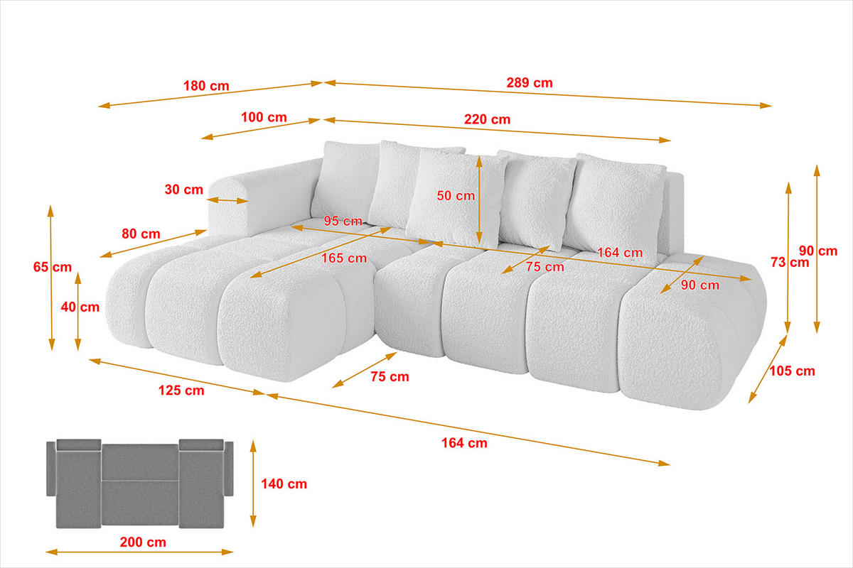 ECKSOFA Ottomane Links CLOUD-L-v1 289x180x40 Weiß Bouclé - Weiß, Holzwerkstoff/Kunststoff (180/289cm) - ALTDECOR