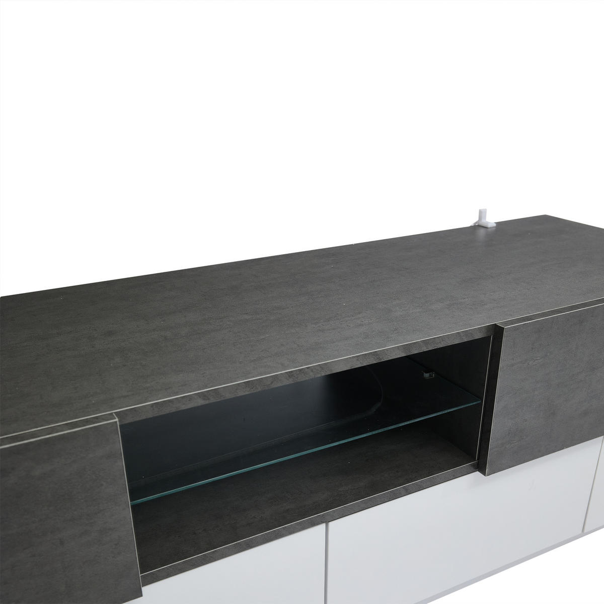 LOWBOARD 180/40/45 cm für 80 Zoll Weiß-Schwarz Marmoroptik Glasablage Spanplatte modern Wohnzimmer - Weiß/Grau, Glas/Holzwerkstoff (180/45/40cm) - EVRYAE