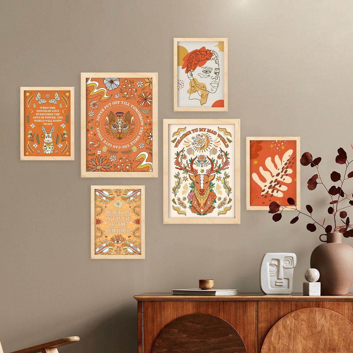 POSTER Set Mit 6 Drucken Von Orange In Brilliant Groovy Style Collection Dekorative Rahmen Für Zuhause Wandkunstdruck A3 & A4 Rahmen Aus Hellem Holz - Beige, Papier (29/3cm) - Nacnic