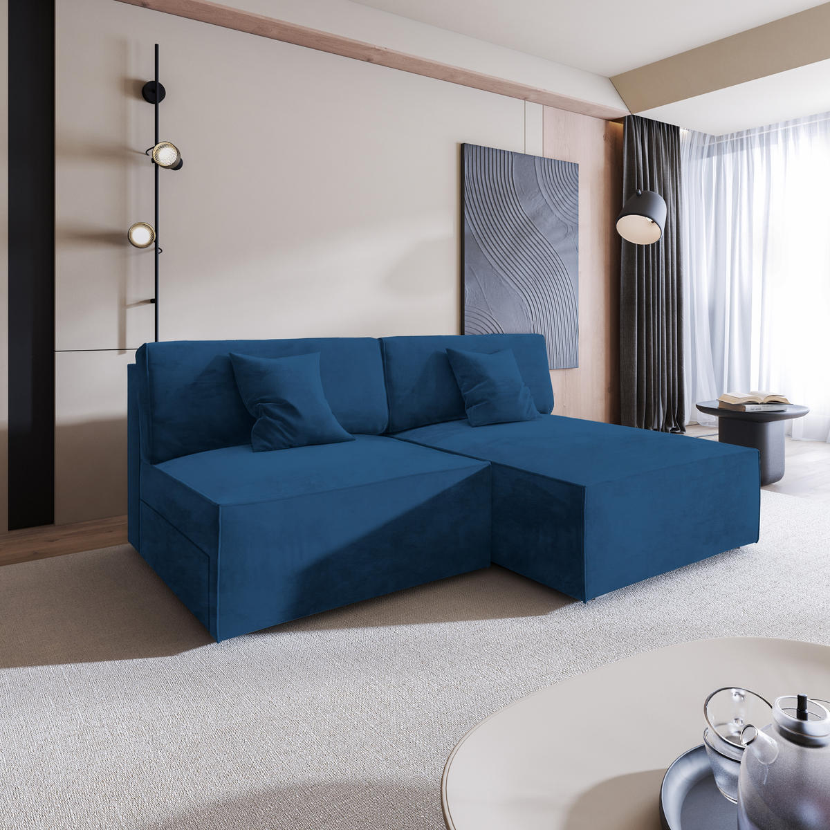 ECKSOFA FIORO M Blau Velours-Stoff mit Schlaffunktion - Blau, Holz (204/148cm) - MASSENO