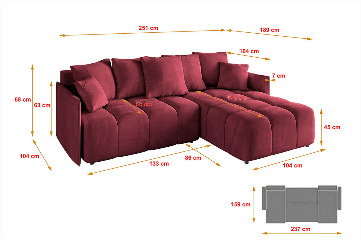 ECKSOFA Ottomane rechts LONLI-L 251x189x68 Bordeaux Velours - Bordeaux, Holzwerkstoff/Kunststoff (189/251cm) - ALTDECOR