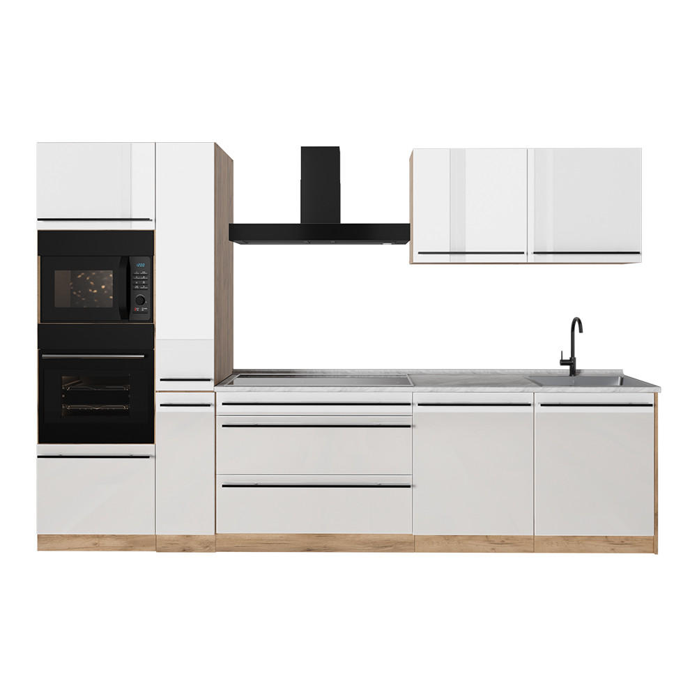 KUHINJA R-Line, Bela visok sijaj/Zlati hrast z močjo, 310 cm pracovní deska Mramor - barve hrasta/bela, leseni material (310/206.8/60cm) - Vicco
